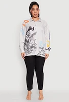 Womens Plus Size Graffiti Denim Graphic Shirt, Grey, Size 2X