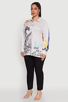 Womens Plus Size Graffiti Denim Graphic Shirt, Grey, Size 2X
