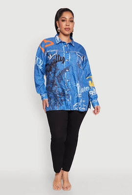 Womens Plus Graffiti Denim Graphic Shirt,