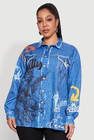 Womens Plus Graffiti Denim Graphic Shirt,