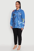 Womens Plus Graffiti Denim Graphic Shirt,