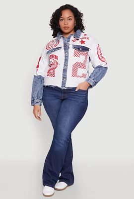 Womens Plus Size Graphic Print Denim Jacket, Multi, Size 1X
