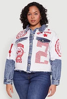 Womens Plus Size Graphic Print Denim Jacket, Multi, Size 1X