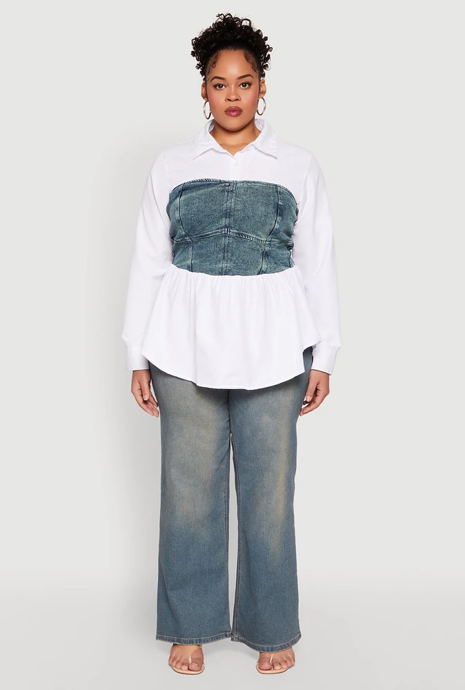 Womens Plus Size Denim Corset Detail Poplin Shirt, Multi, Size 1X
