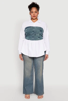 Womens Plus Size Denim Corset Detail Poplin Shirt, Multi, Size 1X