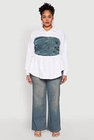 Womens Plus Size Denim Corset Detail Poplin Shirt, Multi, Size 1X