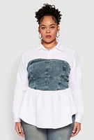 Womens Plus Size Denim Corset Detail Poplin Shirt, Multi, Size 1X