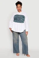Womens Plus Size Denim Corset Detail Poplin Shirt, Multi, Size 1X