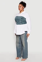 Womens Plus Size Denim Corset Detail Poplin Shirt, Multi, Size 1X