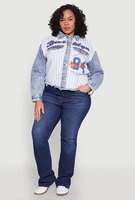 Womens Plus Size Brooklyn Baseball Graphic Jean Jacket, Blue, Size 1X