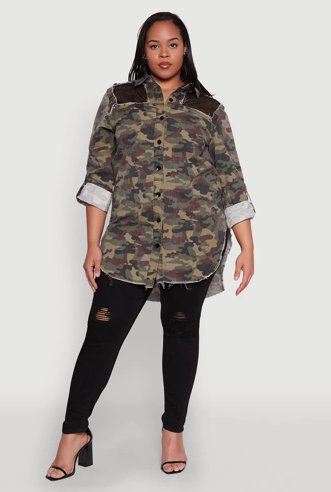 Womens Plus Size Fishnet Detail Camouflage Shirt, Green, Size 1X