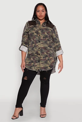 Womens Plus Size Fishnet Detail Camouflage Shirt, Green, Size 1X