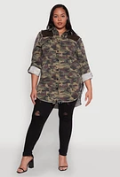 Womens Plus Size Fishnet Detail Camouflage Shirt, Green, Size 1X