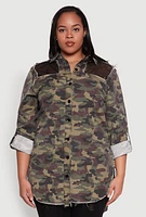Womens Plus Size Fishnet Detail Camouflage Shirt, Green, Size 1X