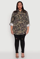Womens Plus Size Fishnet Detail Camouflage Shirt, Green, Size 1X