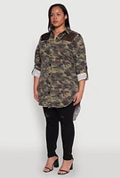Womens Plus Size Fishnet Detail Camouflage Shirt, Green, Size 1X