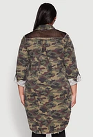 Womens Plus Size Fishnet Detail Camouflage Shirt, Green, Size 1X