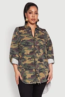 Womens Plus Size Denim High Low Camo Top, Multi, Size 1X