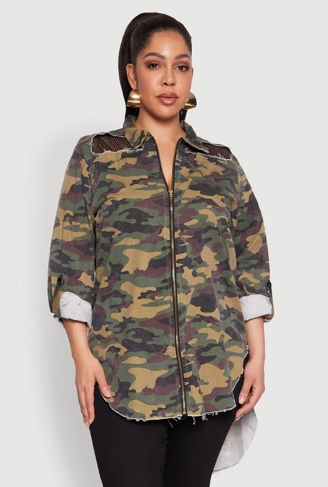 Womens Plus Size Denim High Low Camo Top, Multi, Size 1X
