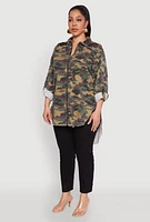 Womens Plus Size Denim High Low Camo Top, Multi, Size 1X