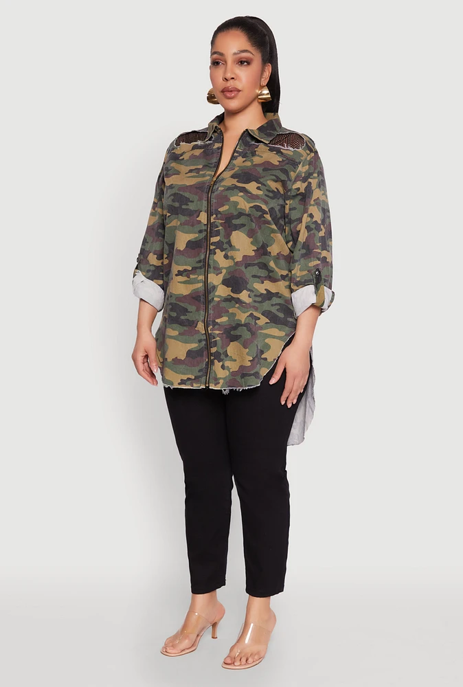 Womens Plus Size Denim High Low Camo Top, Multi, Size 1X