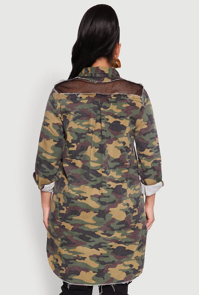 Womens Plus Size Denim High Low Camo Top, Multi, Size 1X