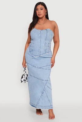 Womens Plus Size Denim Lace Up Corset Maxi Dress, Blue, Size 1X