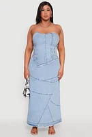 Womens Plus Size Denim Lace Up Corset Maxi Dress, Blue, Size 1X