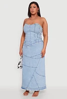 Womens Plus Size Denim Lace Up Corset Maxi Dress, Blue, Size 1X