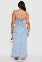 Womens Plus Size Denim Lace Up Corset Maxi Dress, Blue, Size 1X