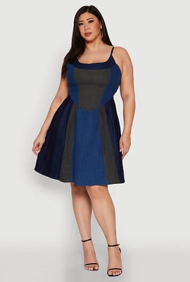 Womens Plus Size Denim Color Blocked Skater Dress, Multi, Size 3X