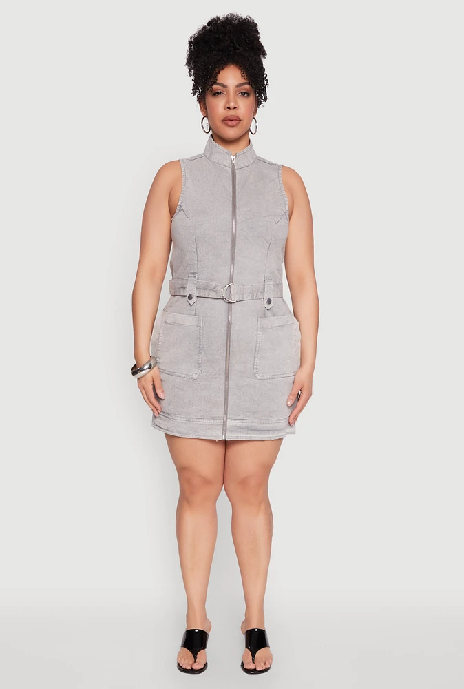 Womens Plus Mineral Wash Zip Front Cargo Dress,