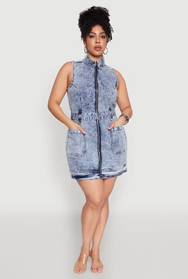 Womens Plus Size Mineral Wash Zip Front Cargo Dress, Blue, Size 3X