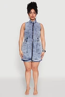 Womens Plus Size Mineral Wash Zip Front Cargo Dress, Blue, Size 3X