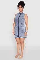 Womens Plus Size Mineral Wash Zip Front Cargo Dress, Blue, Size 3X