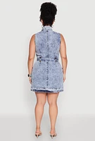 Womens Plus Size Mineral Wash Zip Front Cargo Dress, Blue, Size 3X