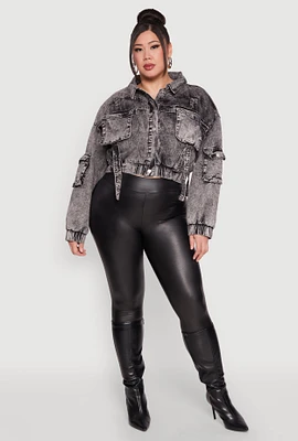 Womens Plus Size Mineral Wash Cropped Cargo Jacket, Grey, Size 3X