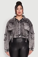 Womens Plus Size Mineral Wash Cropped Cargo Jacket, Grey, Size 3X