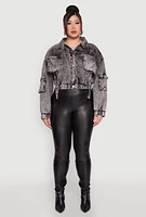 Womens Plus Size Mineral Wash Cropped Cargo Jacket, Grey, Size 3X