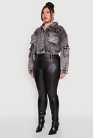 Womens Plus Size Mineral Wash Cropped Cargo Jacket, Grey, Size 3X