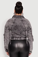 Womens Plus Size Mineral Wash Cropped Cargo Jacket, Grey, Size 3X