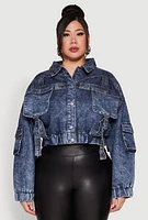 Womens Plus Mineral Wash Cropped Cargo Jacket,