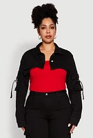 Womens Plus Size Daisy Cargo Pocket Sleeve Cropped Jean Jacket, Black, Size 2X