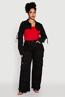 Womens Plus Size Daisy Cargo Pocket Sleeve Cropped Jean Jacket, Black, Size 2X