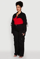 Womens Plus Size Daisy Cargo Pocket Sleeve Cropped Jean Jacket, Black, Size 2X