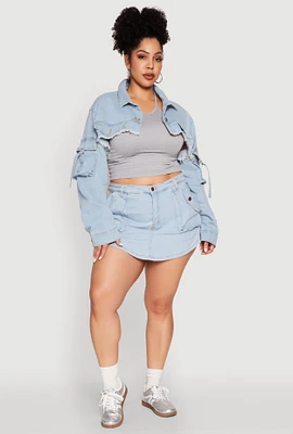 Womens Plus Size Daisy Cargo Pocket Sleeve Cropped Jean Jacket, Blue, Size 3X