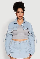 Womens Plus Size Daisy Cargo Pocket Sleeve Cropped Jean Jacket, Blue, Size 3X