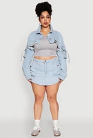 Womens Plus Size Daisy Cargo Pocket Sleeve Cropped Jean Jacket, Blue, Size 3X