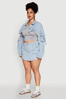 Womens Plus Size Daisy Cargo Pocket Sleeve Cropped Jean Jacket, Blue, Size 3X