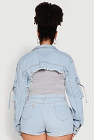 Womens Plus Size Daisy Cargo Pocket Sleeve Cropped Jean Jacket, Blue, Size 3X